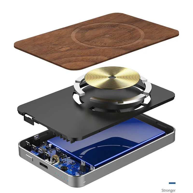 Khaki-coloured aluminium magnetic wireless power bank showing USB port and dimensions.