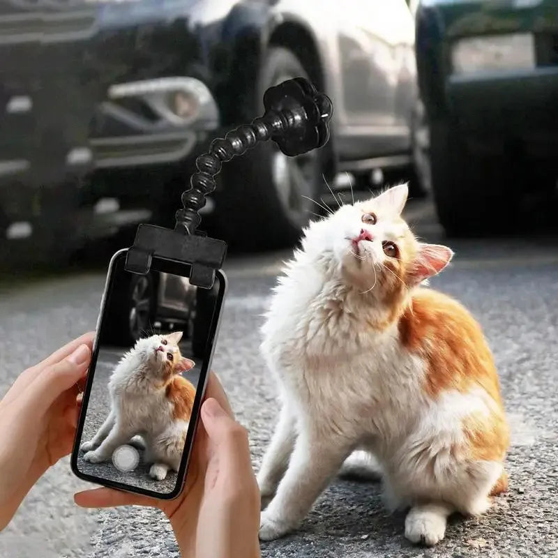 Black pet photography clip holder with rotating attachment for mobile phones and pet treats