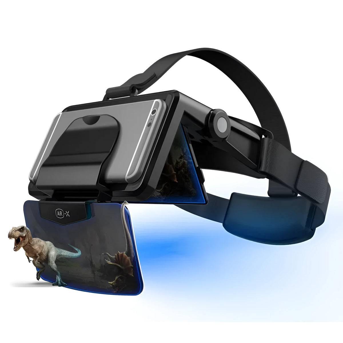 AR-X foldable VR glasses in black with head strap and leather face pad, 2.8x magnification, 69° panoramic view