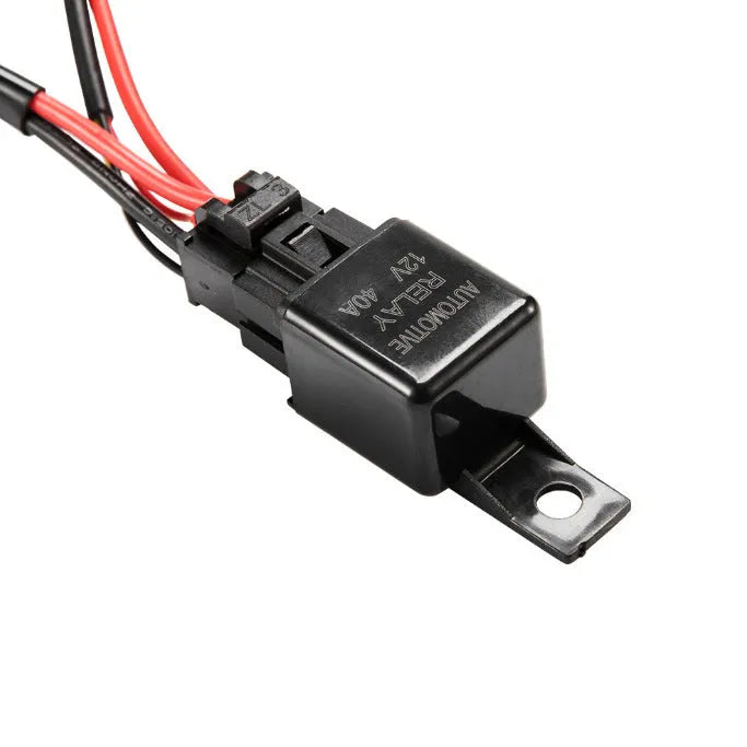 Off road LED spotlight cable set showing black 2 metre wire harness with integrated switch for vehicle lighting modification