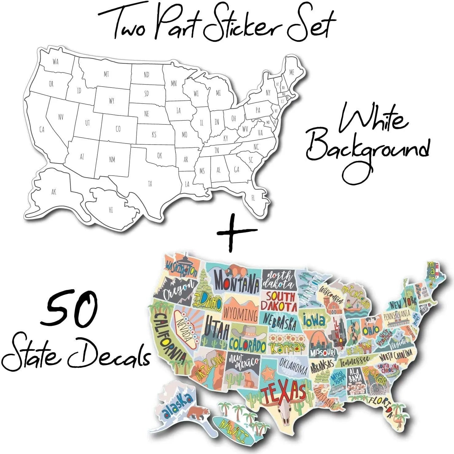 Travel-themed car sticker set with map design, letter stickers, and white background for vehicle application