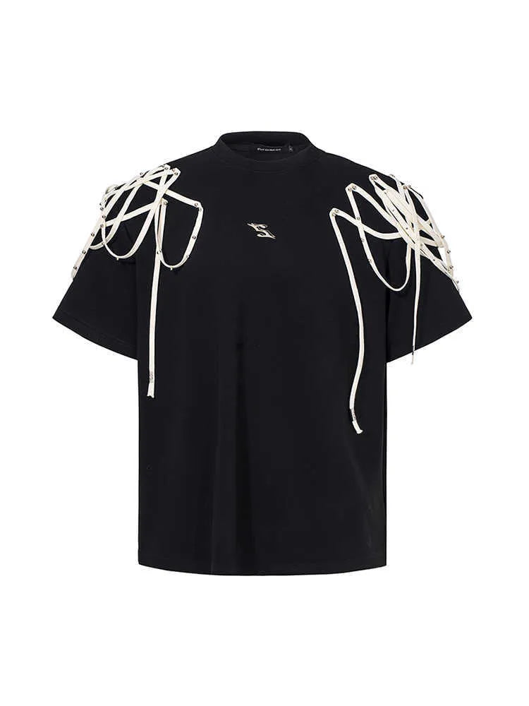 Black women's short-sleeved T-shirt with padded shoulders and rivet ribbon detail.
