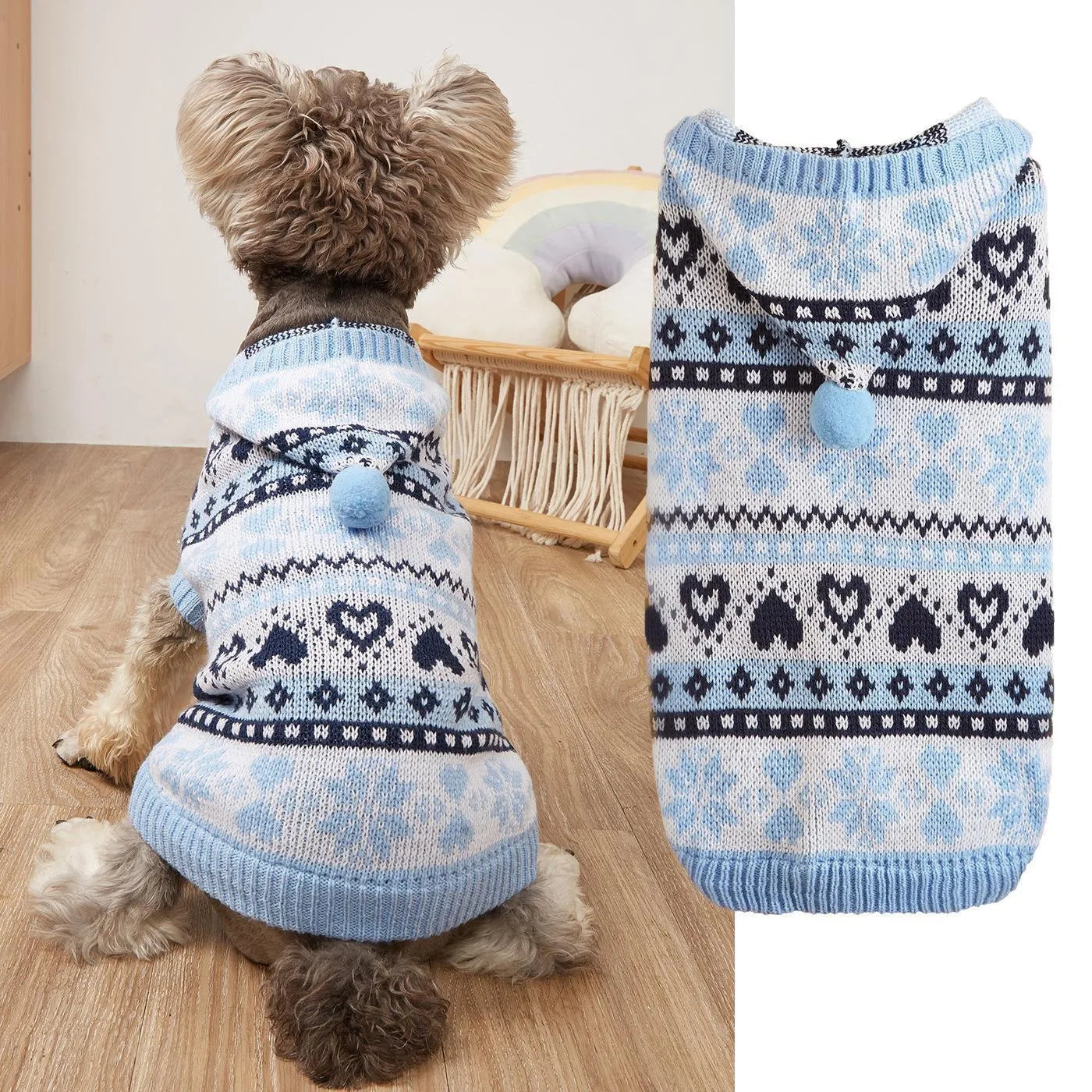 Small dog wearing a knitted acrylic sweater with a snowflake and camouflage pattern, available in pink, blue, or grey.
