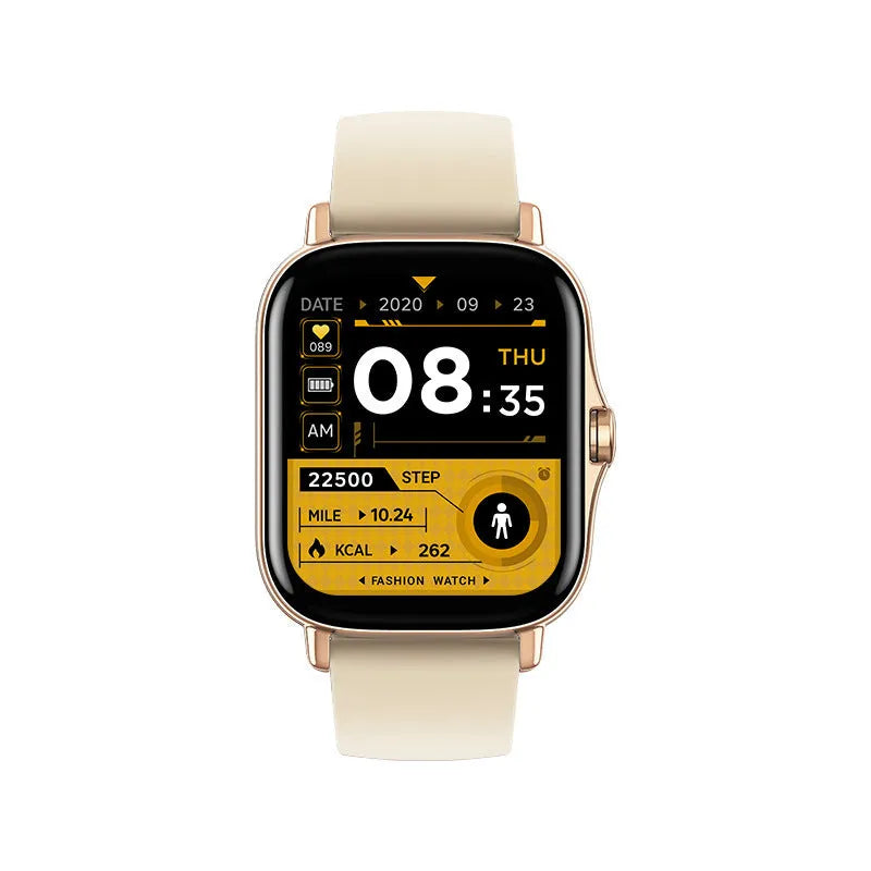 GT20 black alloy smart watch with silicone strap showing heart rate monitoring on screen