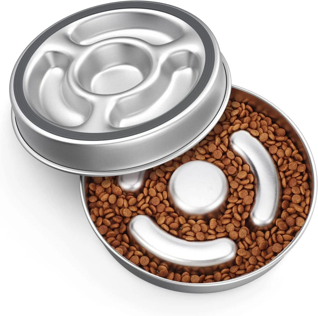 Stainless steel pet slow feeding bowl with neck protector, silver finish, single bowl for dogs and cats