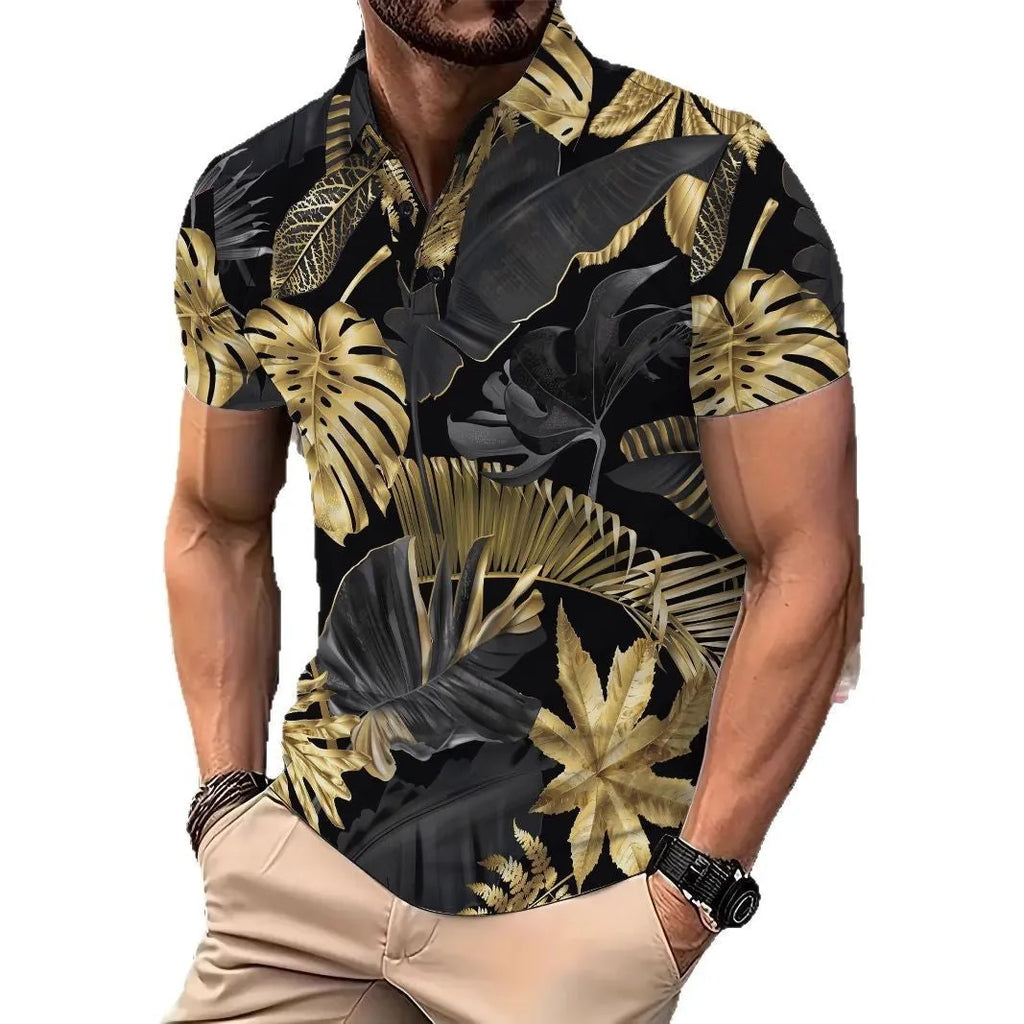 Men's gold tropical plant pattern printed short sleeve shirt on hanger