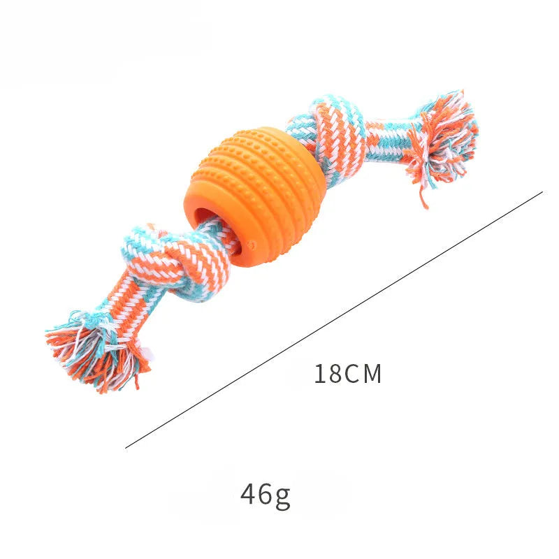 Blue molar-shaped dog chew toy with rope elements for teeth cleaning and oral health