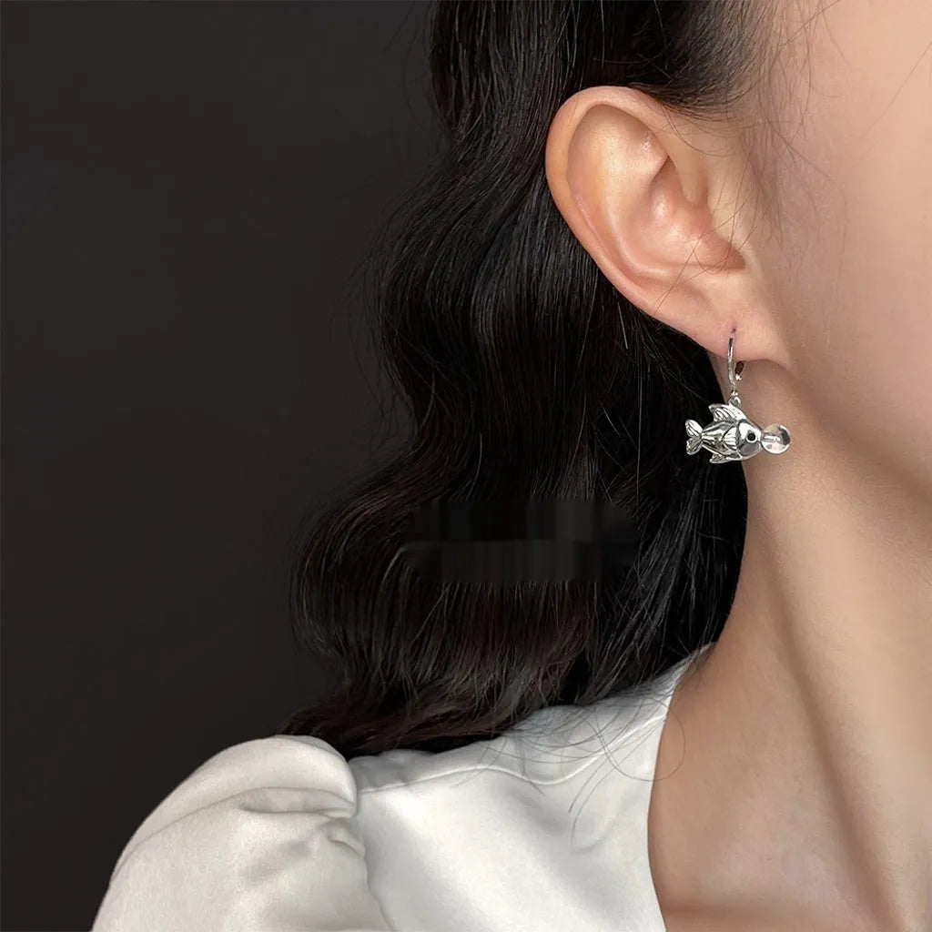 Bubble Fish original design earrings with goldfish animal modelling in electroplated copper construction
