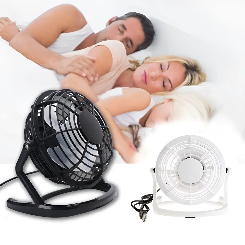 Mini adjustable USB desk fan in black, showing compact square design and angled breeze outlet
