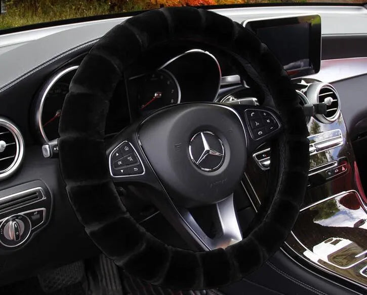 Thick velvet steering wheel cover in beige, non-slip, heavy high density plush, fits 37-38cm steering wheels