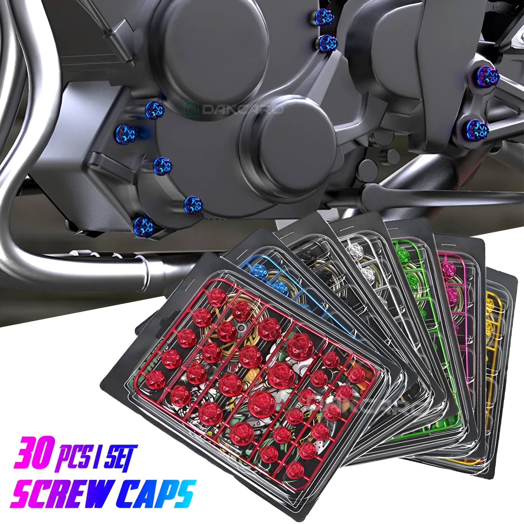 Set of 30 motorcycle engine screw caps in various colours including black, red, gold, blue, silver, green, orange, purple and yellow