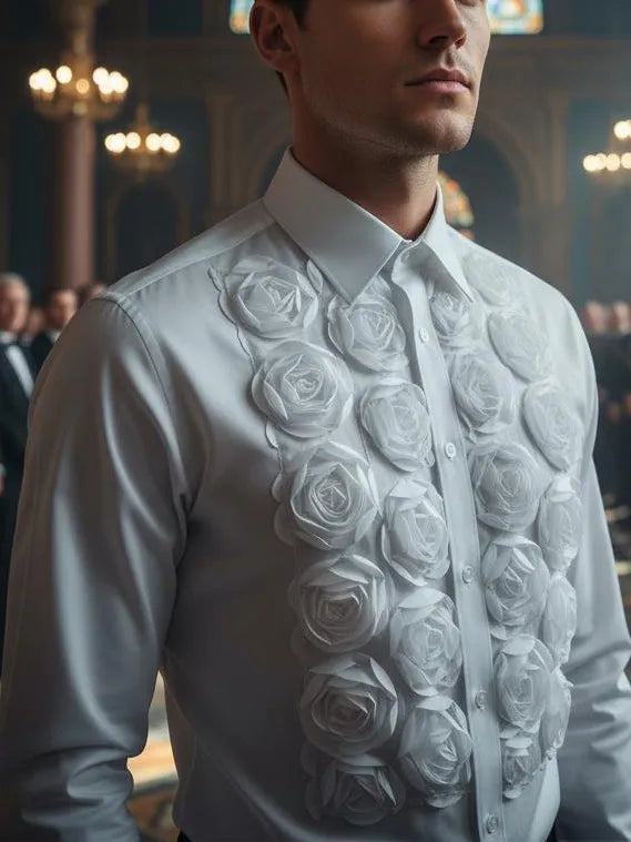 White polyester shirt with floral design, regular fit and regular-length top, shown in sizes S to 3XL.