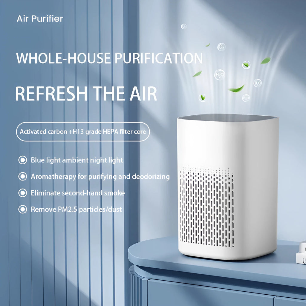 Simple-style desktop air purifier with USB cable and panel heating on a wooden desk.