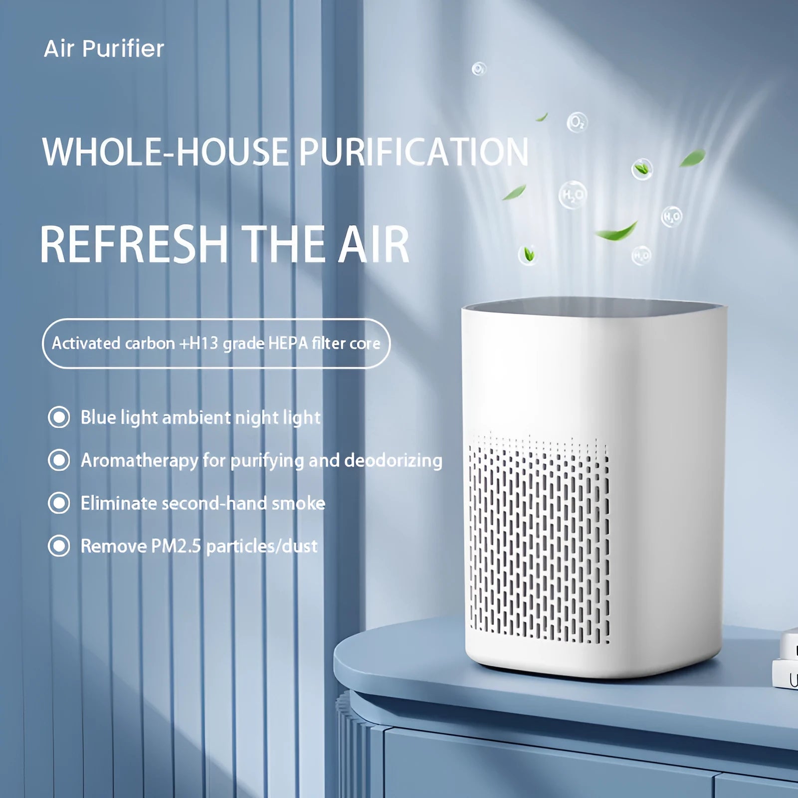 Simple-style desktop air purifier with USB cable and panel heating on a wooden desk.
