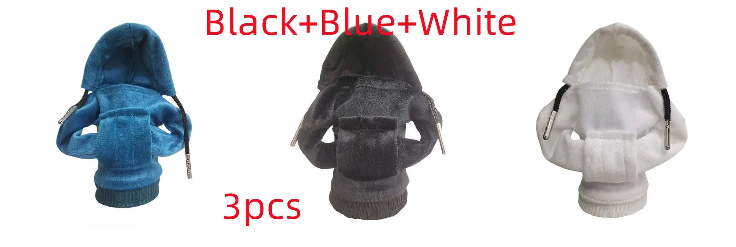 Cloth gear shift knob hoodie cover shown in multiple colours next to a car gear lever.