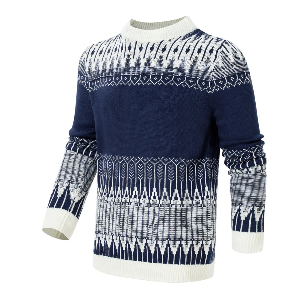 Men's grey crew neck knitted sweater with long sleeves laid flat