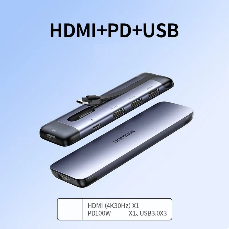 USB-C expansion dock adapter with short cable, showing HDMI, USB 3.0, and Power Delivery ports.