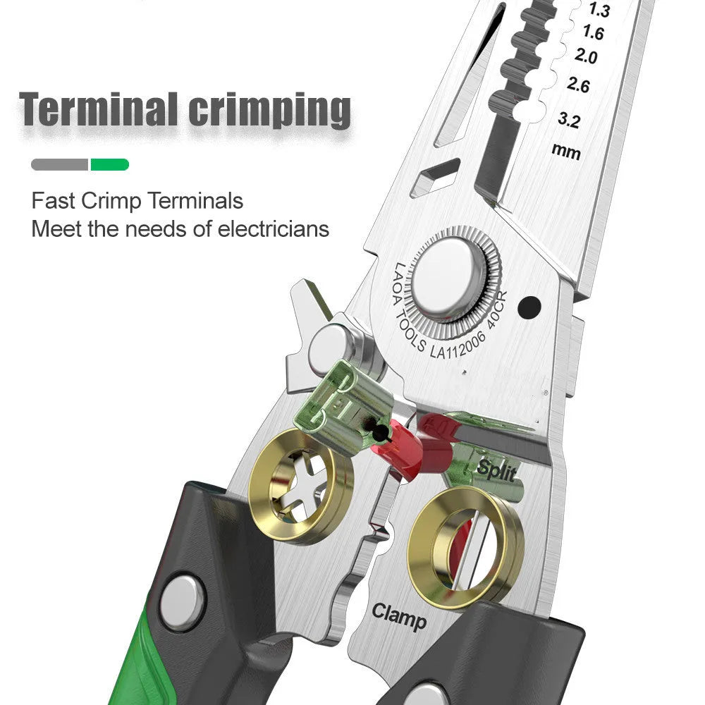 Multifunctional stainless steel wire stripper with two-colour handle and seven stripping apertures
