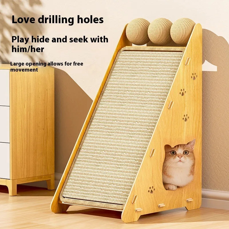 Composite board sisal cat scratch board, vertical wall mounted, upgrade thick triangle with 3 hemp rope teasing balls