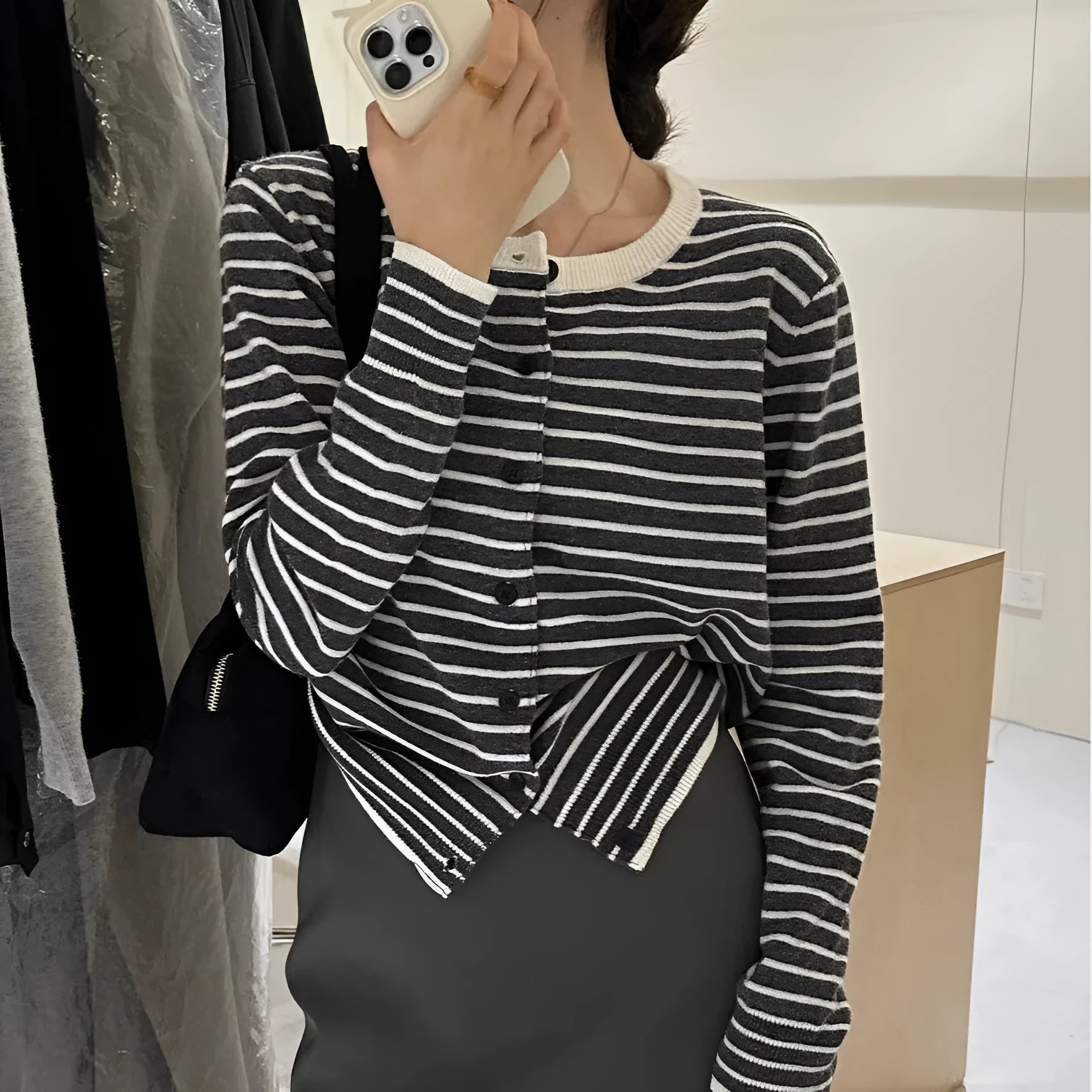 Women's dark grey and white striped French style cardigan coat with slim fit and short length