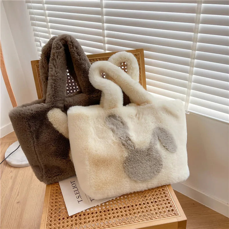 Cartoon rabbit ears plush shoulder bag in solid colour with large capacity interior