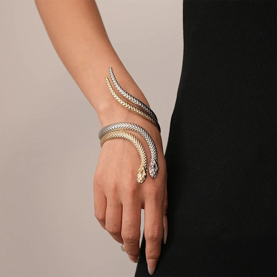 Exaggerated twisted winding simulated snake metal ring bracelet set in gold or silver electroplated finish