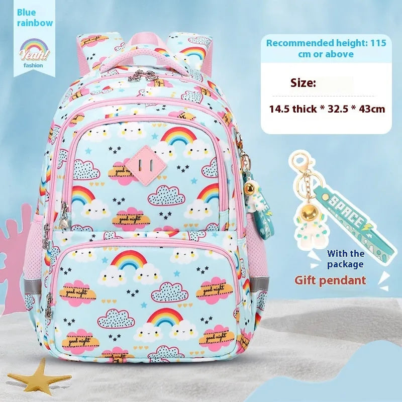Blue dinosaur pattern children's waterproof school backpack with curved shoulder straps.