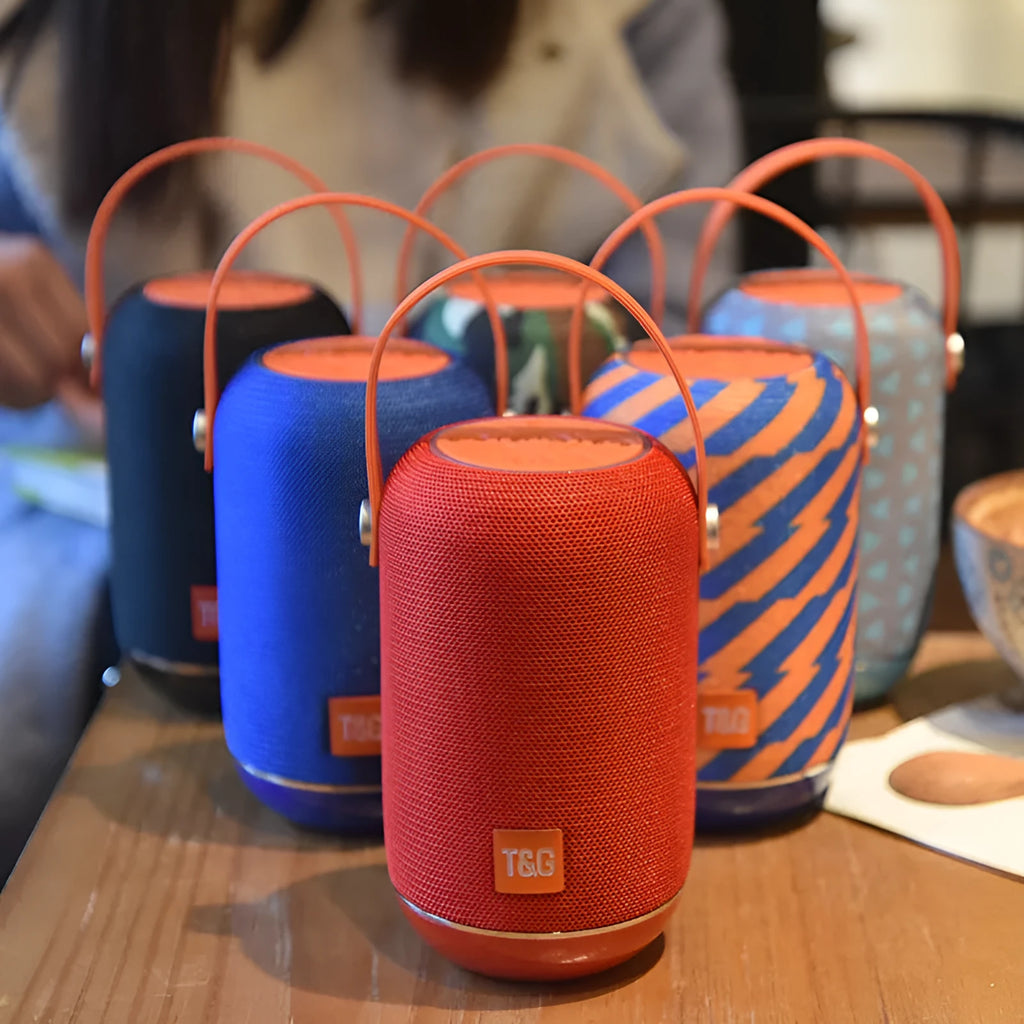 TG107 Fabric Wireless Bluetooth Portable Speaker in black with compact rectangular body and fabric finish