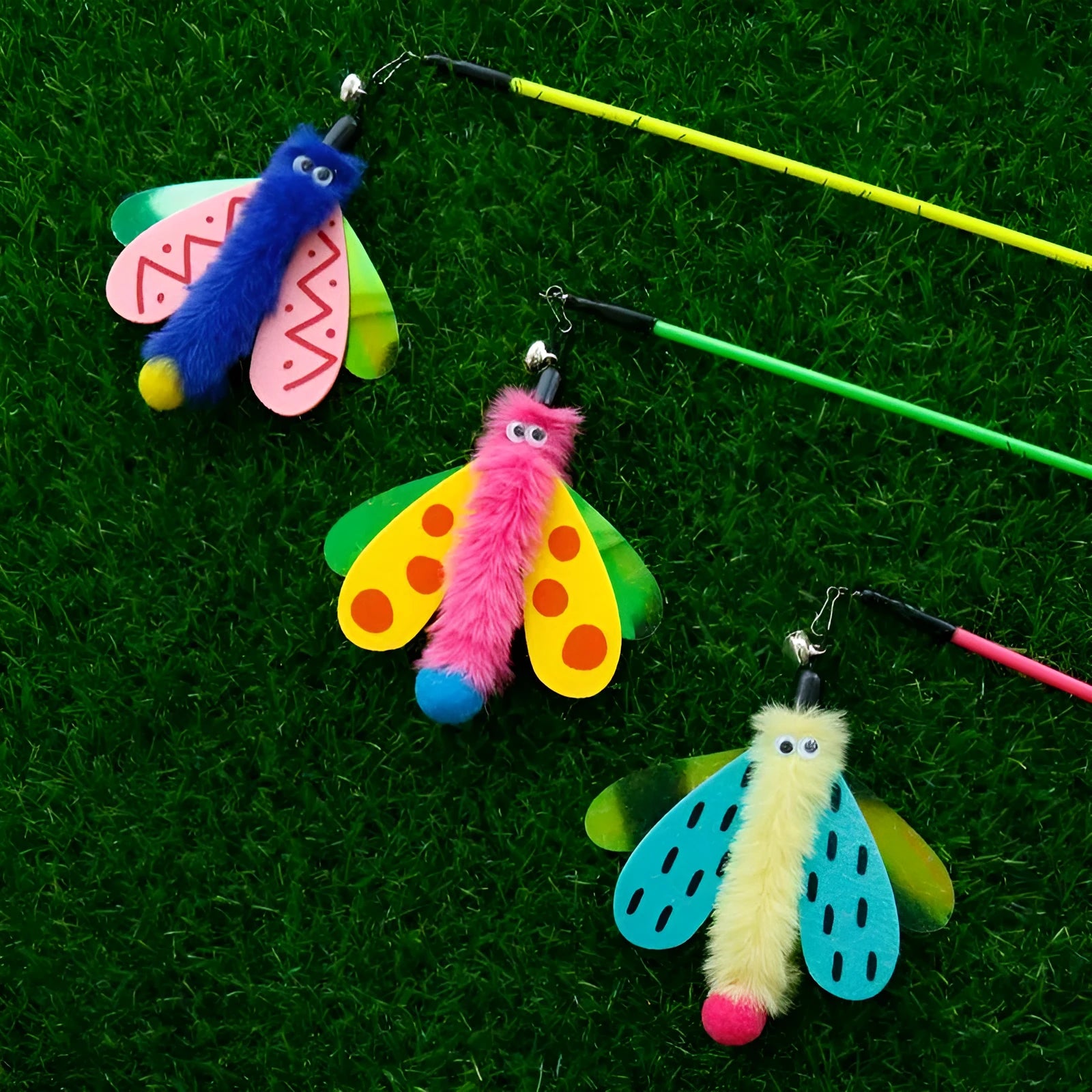 Blue cat wand toy with dragonfly attachment and bell on 49cm stick for interactive indoor cat play