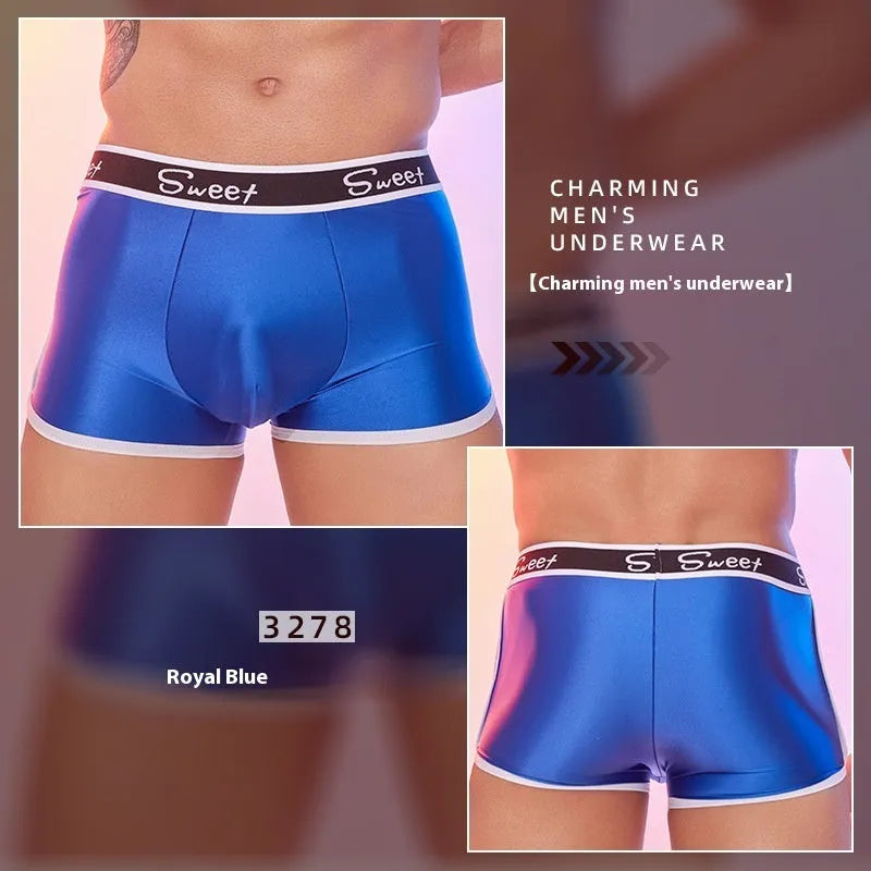 Men's shiny silky nylon boxers in black, white, and sapphire blue colours