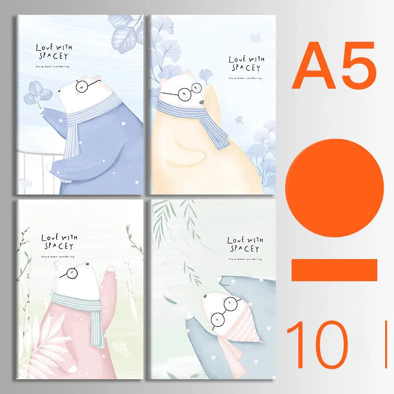 Pack of 10 A5 and B5 soft cover kraft paper notebooks with various designs, showing thread binding.