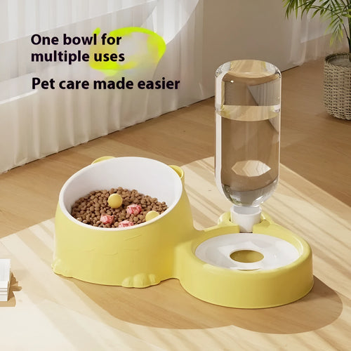 Automatic cat water bowl with stainless steel ceramic double bowls in haze blue plastic housing
