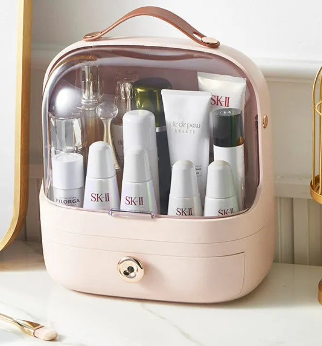 Desktop cosmetics storage box in PET hip material, dustproof, in green colour with lipsticks and blushes inside.