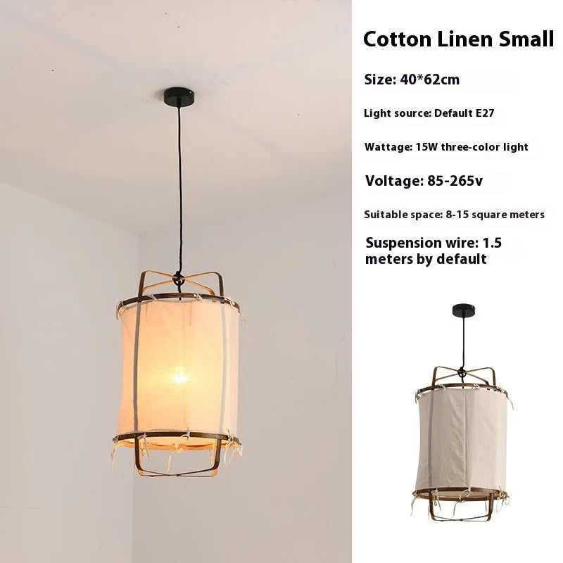 Design pendant lamp with 40cm diameter bamboo frame and beige gauze mini edition shade for restaurant use