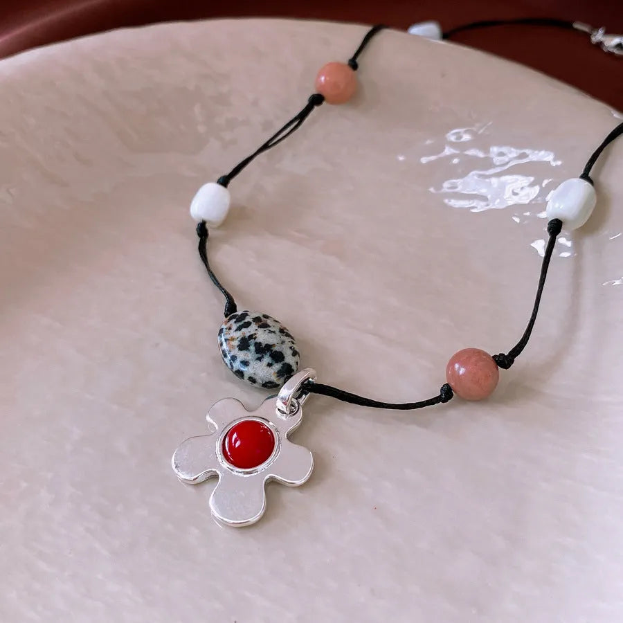 Women's ethnic necklace with stone shell beaded flower pendant on adjustable alloy chain
