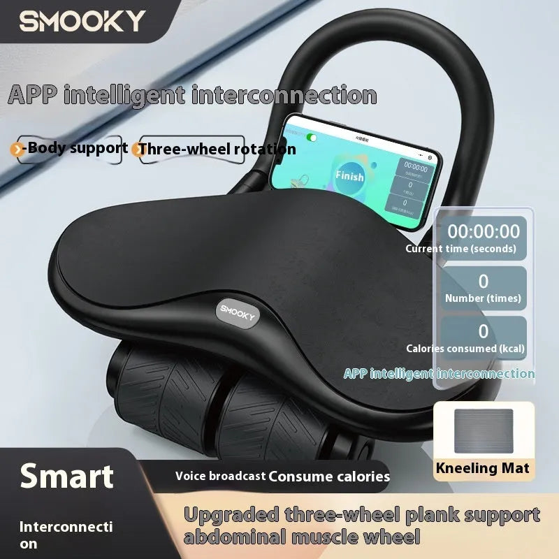 Three-wheel abdominal exercise wheel with automatic rebound mechanism in black colour