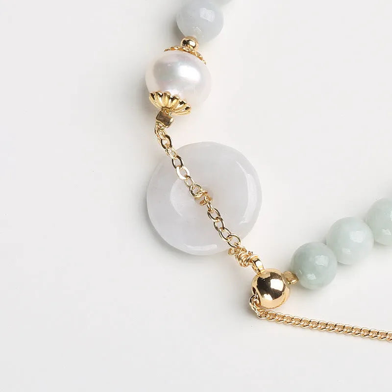 Natural emerald jade peace buckle pearl bracelet with round pendant and geometry clasp