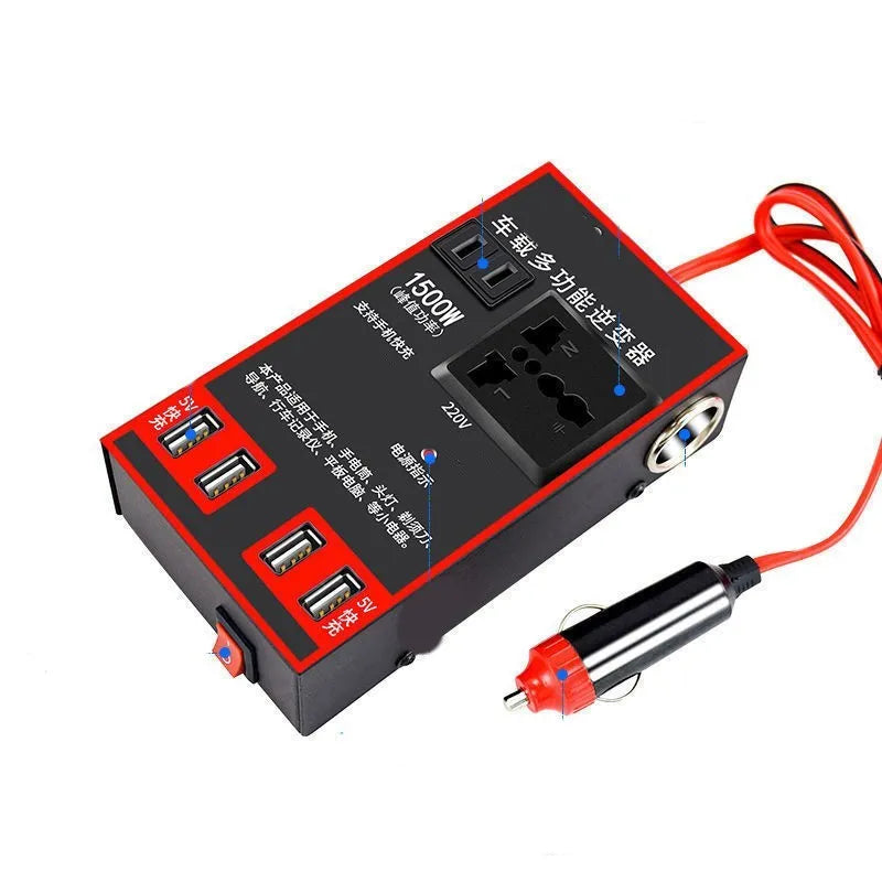 Black automotive power converter transforming 12V/24V vehicle power to 220V AC with 4 USB charging ports