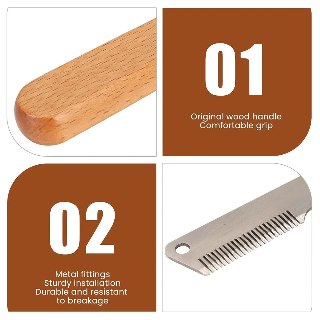 Wooden handle pet stripping comb for grooming dogs and cats, shown in two size options.