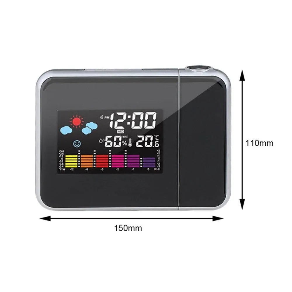 Black digital projection alarm clock showing time display with temperature and humidity readings