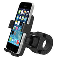 Black ABS plastic bicycle handlebar phone holder with a secondary security rope strap.