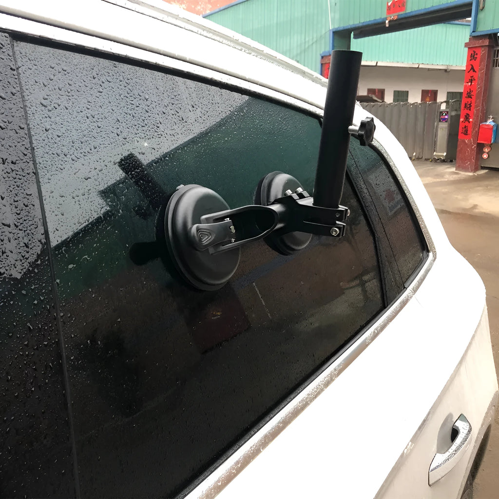 Black off-road car flagpole sucker base with round glass suction cup and rubber disc body.