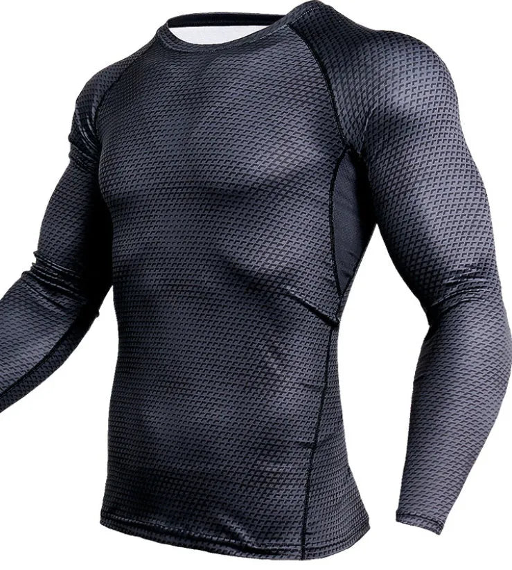 Men's compression running shirt in blue with O-neck and long sleeves for gym training
