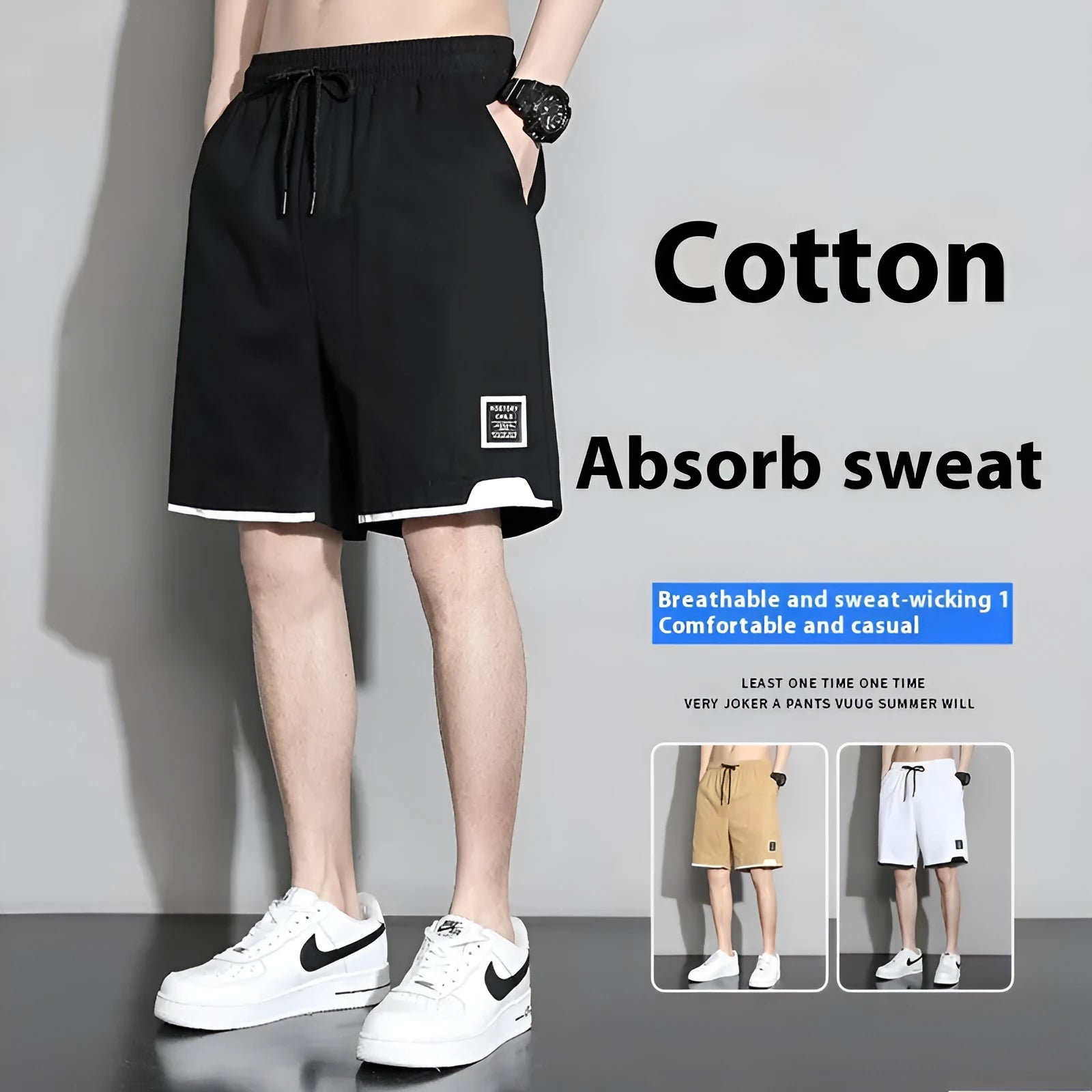 Casual cotton shorts for teenage boys in black, khaki, or white, shown in a plus size range.