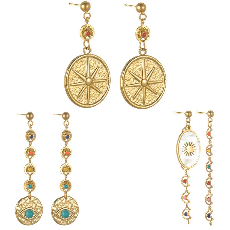 Stainless steel geometric earrings with decorative star, eye or sun patterns