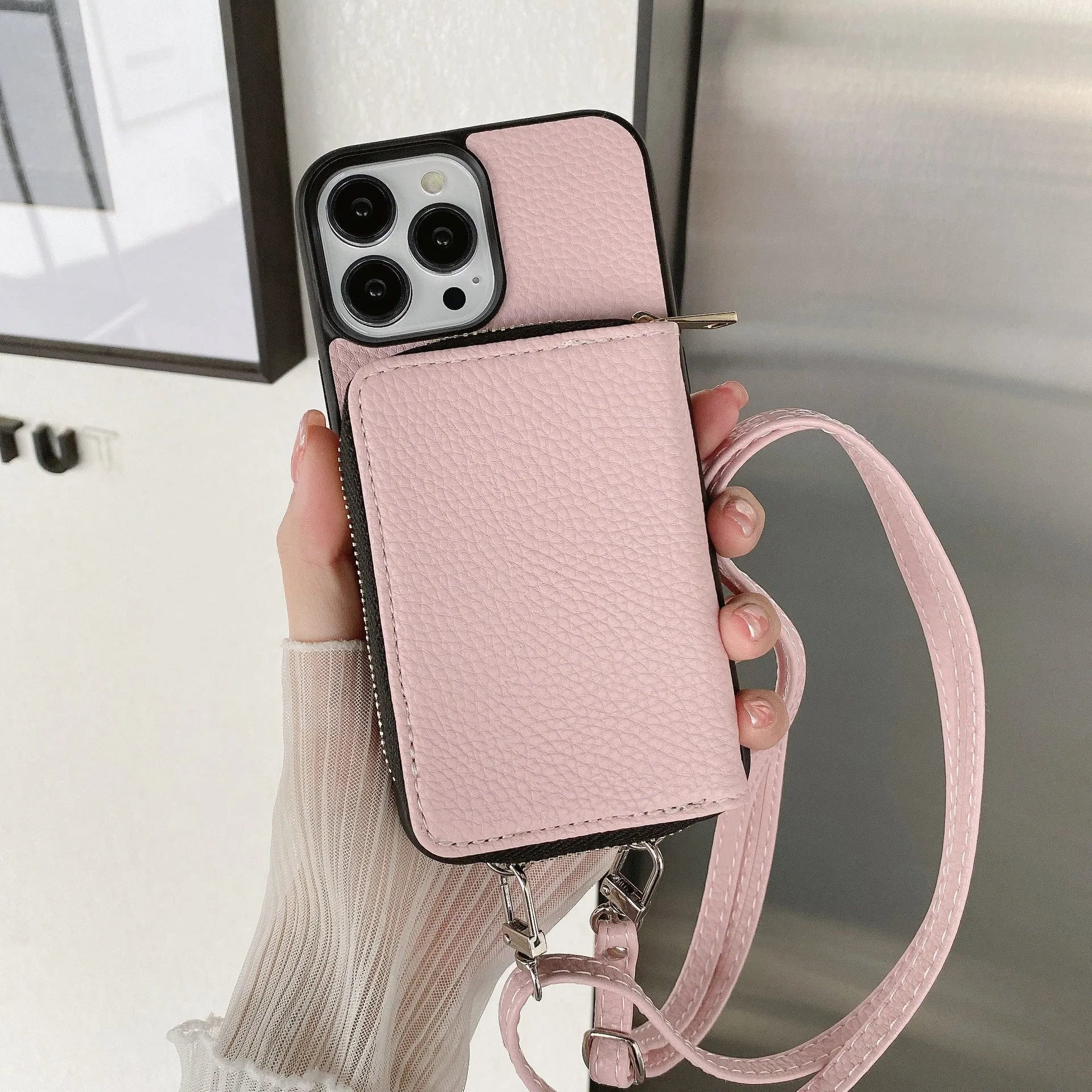 Litchi patterned iPhone protective case in PC and leather showing texture detail and available colour options