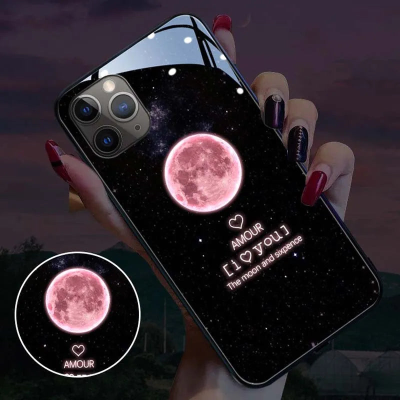 Compatible Apple iPhone LED phone case with tempered glass back glowing with pink and purple lights