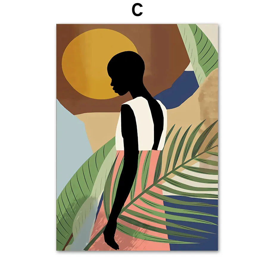 Abstract African women flower leaf mural art canvas painting frameless rectangle modern wall decor