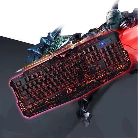 Black gaming keyboard with three-colour LED backlight showing blue backlighting and anti-skid stand