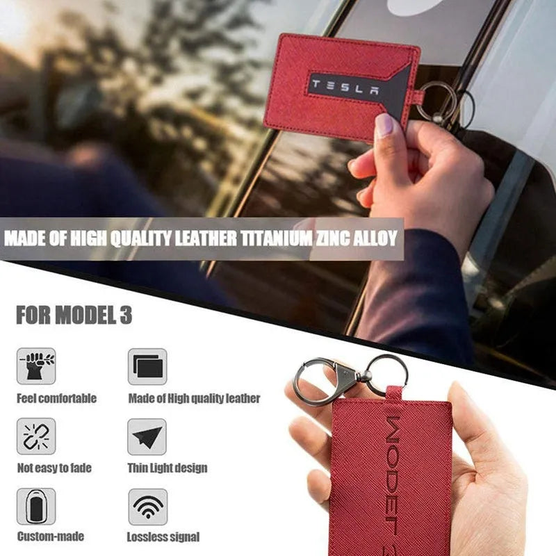 Leather Tesla key case with 100 x 66mm card sleeve and 66mm key buckle for Model 3 and Model Y